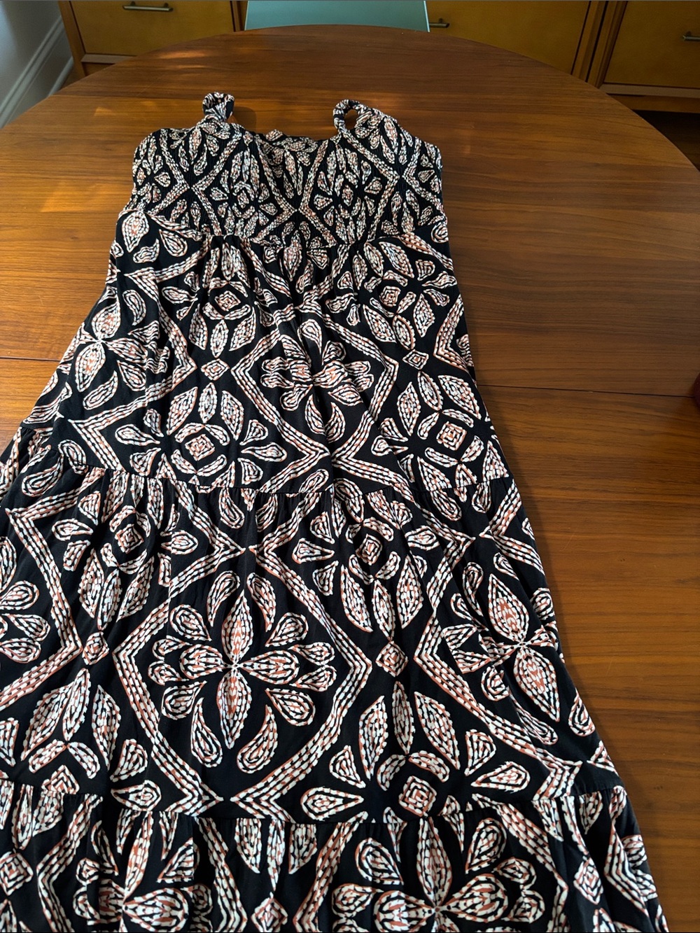 Soma Black Maxi Dress with Cream and Tan Geometric Floral Print- built in bra